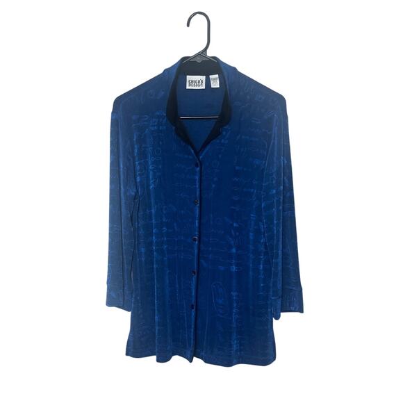 Chico's Design Blouse Blue Button Up Mandarin Collar Hieroglyphics Size 1 (M) - Picture 1 of 9